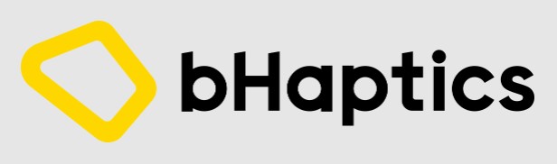 logotyp firmy bHaptic. żółty rąb i nazwa firmy na czarno