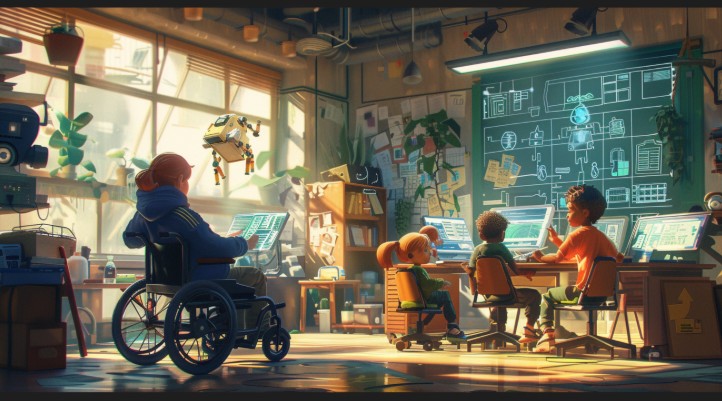 Kreskówkowa grafika przedstawiająca futurystyczną salę warsztatową z latającymi robotami, w której trójka dzieci projektuje społecznie odpowiedzialną innowację pod okiem nauczyciela na wózku.