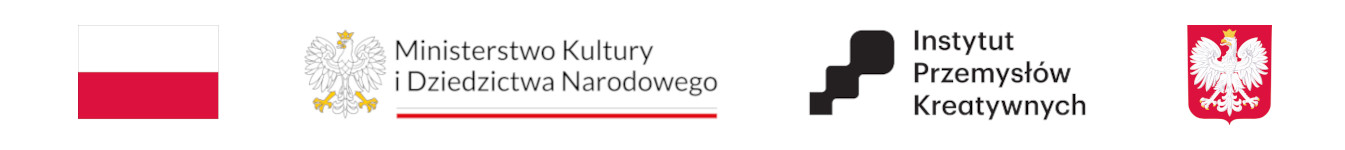 Flaga polski i godło polski, logotyp ministerstwa kultury i dziedzictwa narodowego, logtyp instytutu przemysłów kreatywnych.